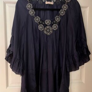 Rebecca Taylor navy & silver Embellished Bell Sleeve Blouse | Size: L | like new